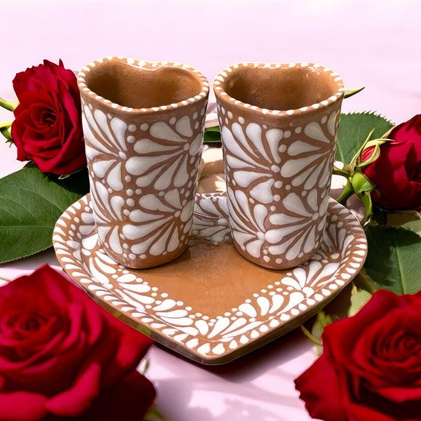 Handmade Talavera Brown and White Heart Shot Glass “Tequilero” Set – Set of 2 & Heart Tray