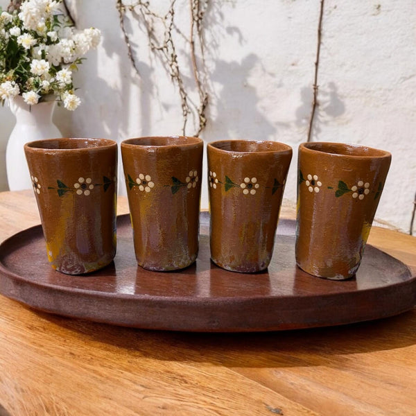Rustic Handmade Mexican Brown Clay Floral Standard Tumbler – Set of 4