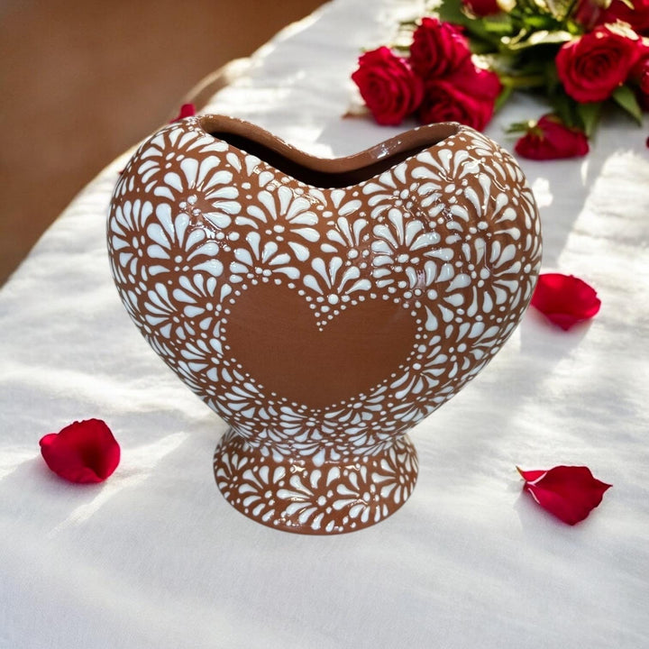 Hand Painted Talavera Brown and White Heart Vase (Cielito Lindo Inspired)