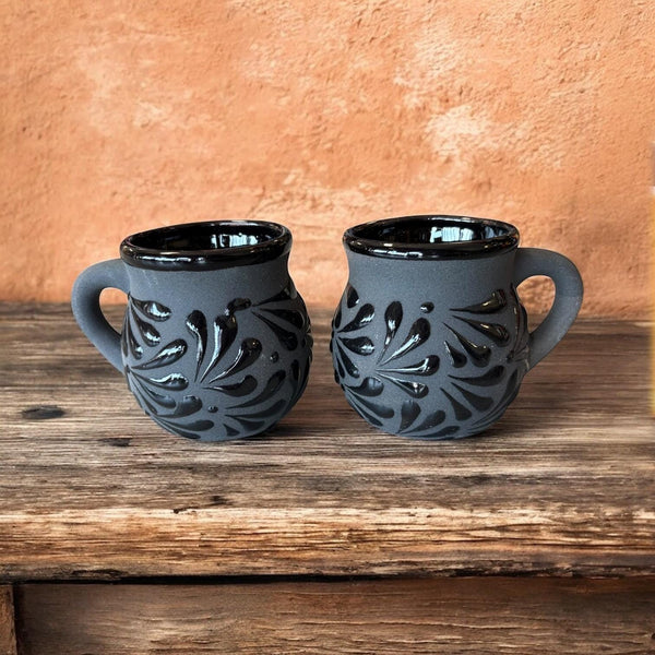 Hand Painted Black Clay Mexican Jarrito Mug with Handle (Cielito Lindo Inspired) – Set of 2
