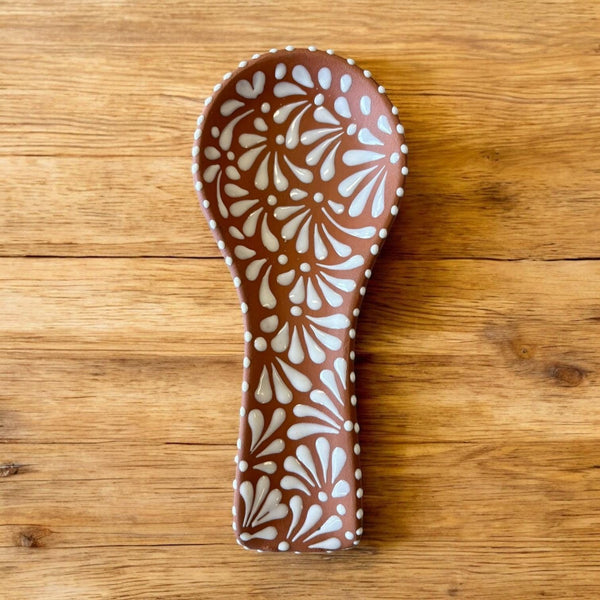 Hand Painted Clay Brown and White Mexican Spoon Rest (Cielito Lindo Inspired)
