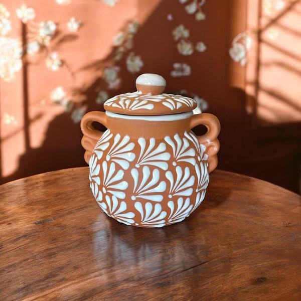 Hand Painted Brown Clay and White Candy Storage Mexican Jar with Lid “Bombonera” (Cielito Lindo Inspired)