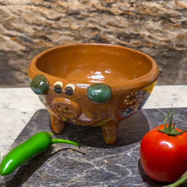 Handmade Mexican Brown Clay Pig Molcajete Salsa Bowl