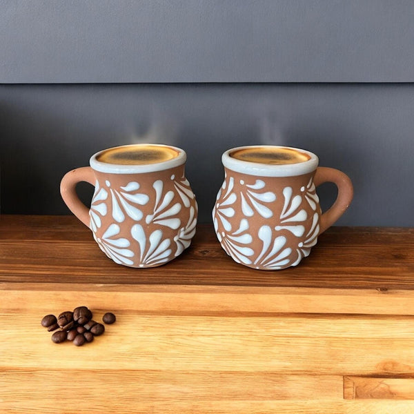 Hand Painted Clay Brown and White Mexican Jarrito Mug with Handle (Cielito Lindo Inspired) – Set of 2