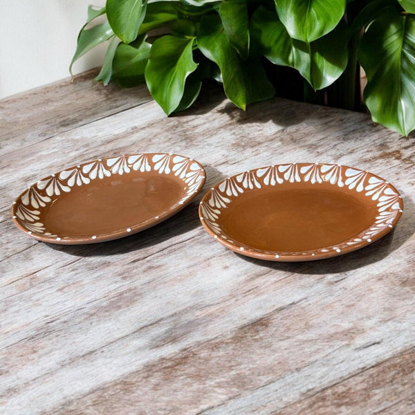 Hand Painted Mexican Brown Clay and White Oval Plate (Cielito Lindo Inspired) – Set of 2