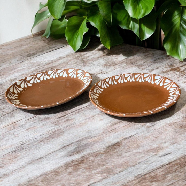 Hand Painted Mexican Brown Clay and White Oval Plate (Cielito Lindo Inspired) – Set of 2