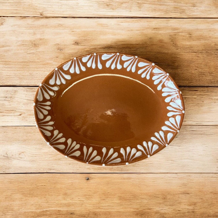 Hand Painted Mexican Brown Clay and White Oval Plate (Cielito Lindo Inspired) – Set of 2