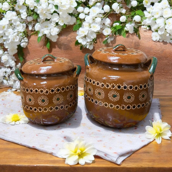 Handmade Mexican Brown Clay Rustic Floral Bean Pot “Olla Frijolera” – Assorted Sizes