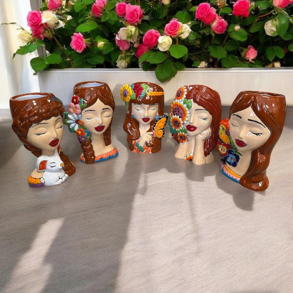 Beautiful Hand Painted Talavera Light Hair Woman Head Bust Planter Pot – Assorted Designs