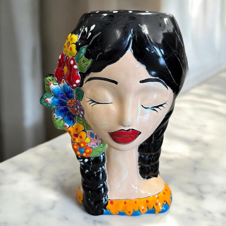 Beautiful Hand Painted Talavera Dark Hair Woman Head Bust Planter Pot – Assorted Designs