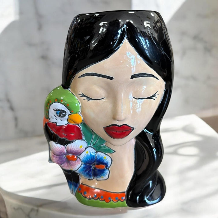 Beautiful Hand Painted Talavera Dark Hair Woman Head Bust Planter Pot – Assorted Designs