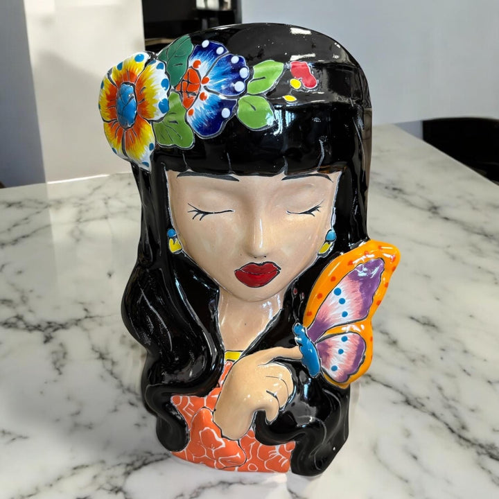 Beautiful Hand Painted Talavera Dark Hair Woman Head Bust Planter Pot – Assorted Designs