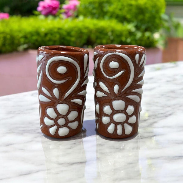 Hand Painted Talavera Brown Floral Vines Shot Glass “Tequilero” – Assorted Quantities