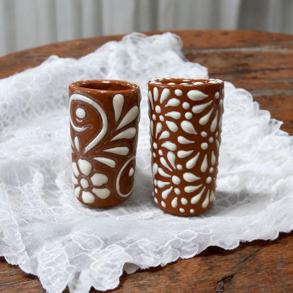 Hand Painted Talavera Brown and White Shot Glasses “Tequileros” Set of 2 – Assorted Designs