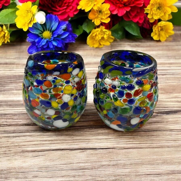 Hand Blown Mexican Colorful Shot Glass “Tequilero de Piedritas” – Assorted Quantities