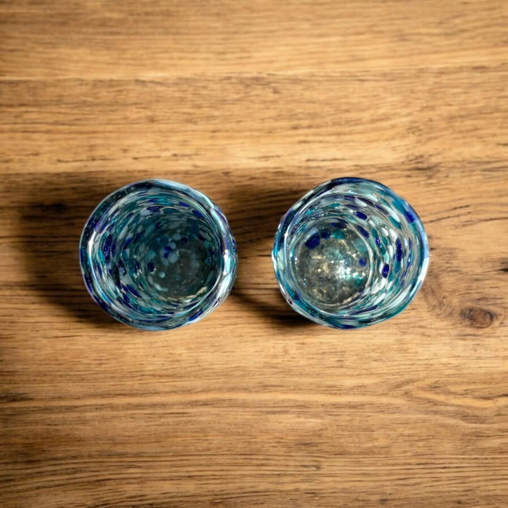 Hand Blown Mexican Blue & White Sheen Iridescent Shot Glass “Tequilero Estilo Océano” – Assorted Quantities