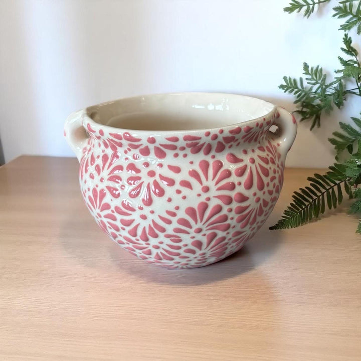 Dainty White and Pink Hand Painted Planter Pot with Handles & Saucer
