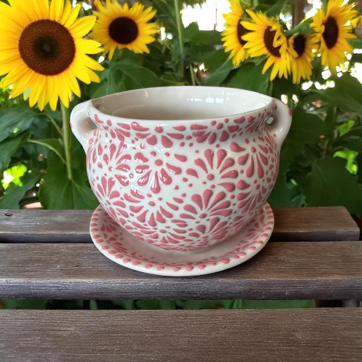 Dainty White and Pink Hand Painted Planter Pot with Handles & Saucer