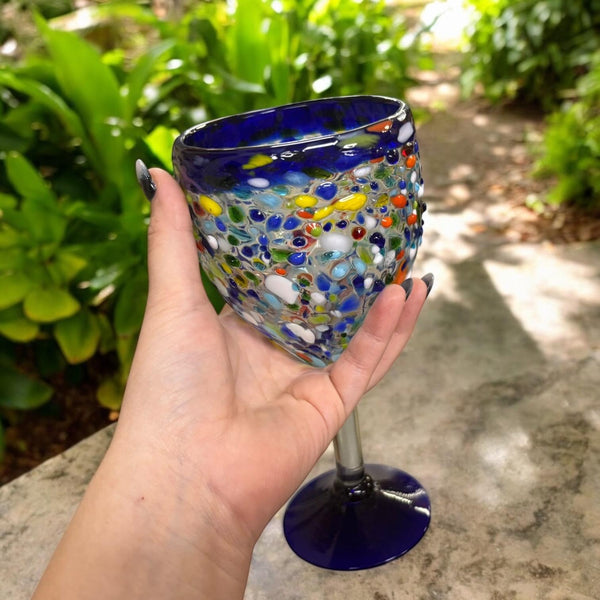Hand Blown Mexican Colorful Pebble Blue Rim Wine Glass “Copa Vino de Piedritas” – Assorted Quantities