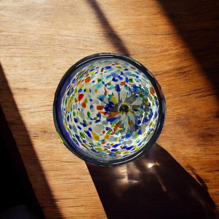 Hand Blown Mexican Colorful Pebble Blue Rim Wine Glass “Copa Vino de Piedritas” (Set of 2)