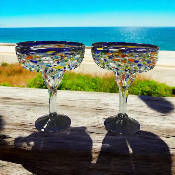 Hand Blown Mexican Colorful Pebble Blue Rim Margarita Glass “Copa Margarita de Piedritas” – Assorted Quantities