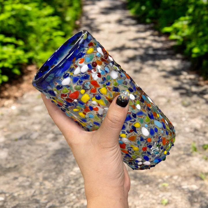 Hand Blown Mexican Colorful Pebble Blue Rim Large Tumbler Glass “Vaso Grande de Piedritas” (Set of 2)