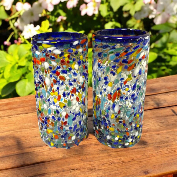 Hand Blown Mexican Colorful Pebble Blue Rim Large Tumbler Glass “Vaso Grande de Piedritas” – Assorted Quantities
