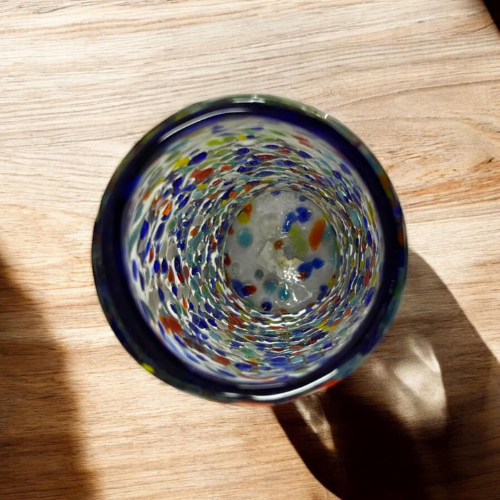 Hand Blown Mexican Colorful Pebble Blue Rim Large Tumbler Glass “Vaso Grande de Piedritas” (Set of 2)