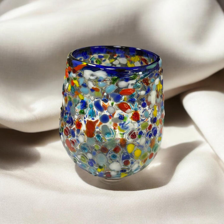 Hand Blown Mexican Colorful Pebble Blue Rim Wine Tumbler Glass “Vaso Vino de Piedritas” (Set of 2)