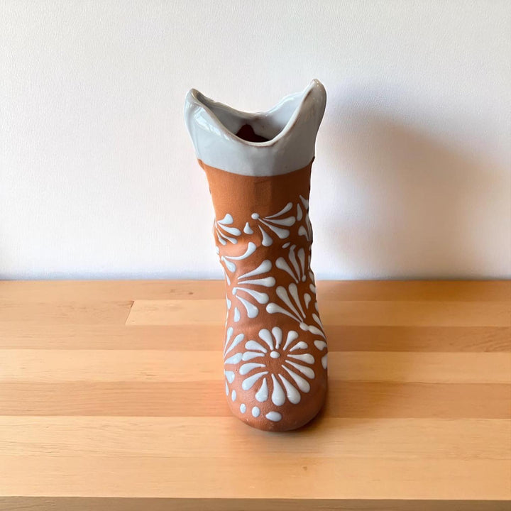 Mexican Cowboy Boot Flower Vase “Bota Vacera” in Brown Clay and White