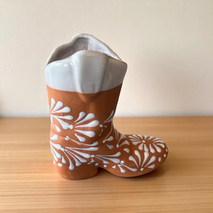 Mexican Cowboy Boot Flower Vase “Bota Vacera” in Brown Clay and White