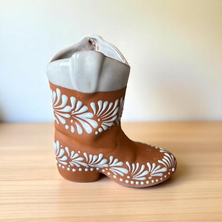 Mexican Cowboy Boot Flower Vase “Bota Vacera” in Brown Clay and White