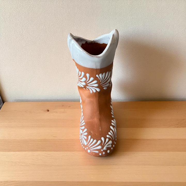 Mexican Cowboy Boot Flower Vase “Bota Vacera” in Brown Clay and White
