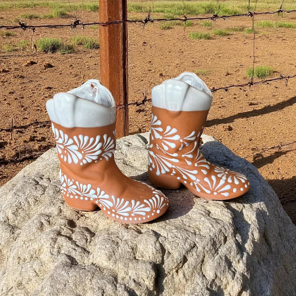 Mexican Cowboy Boot Flower Vase “Bota Vacera” in Brown Clay and White