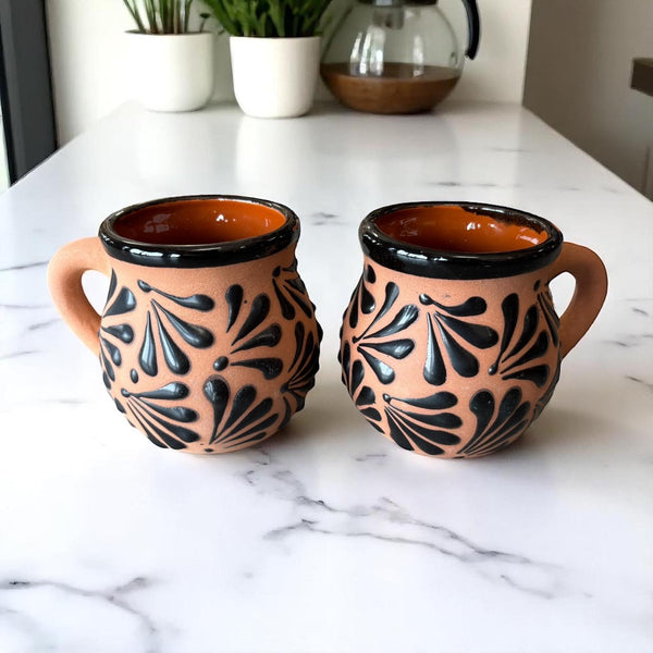 Hand Painted Clay Brown and Black Mexican Jarrito Mug with Handle (Cielito Lindo Inspired) – Set of 2