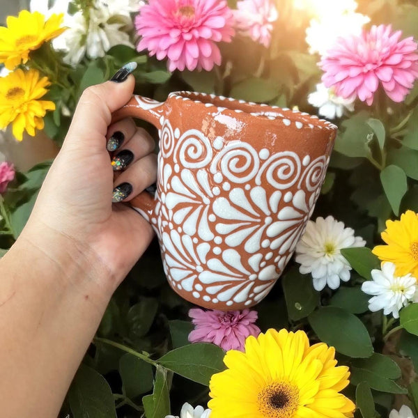 Hand Painted Talavera Rustic Brown and White Standard Coffee Mug (Cielito Lindo Inspired)