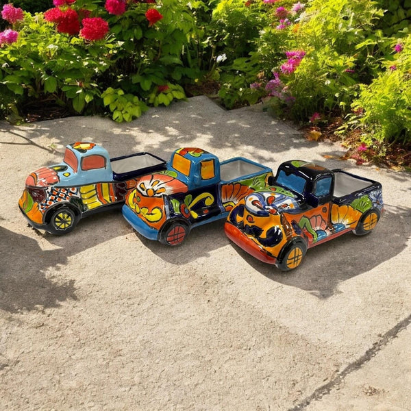 Rustic Hand Painted Mexican Talavera Truck Planter Pot – Assorted Colors (Varying Design)