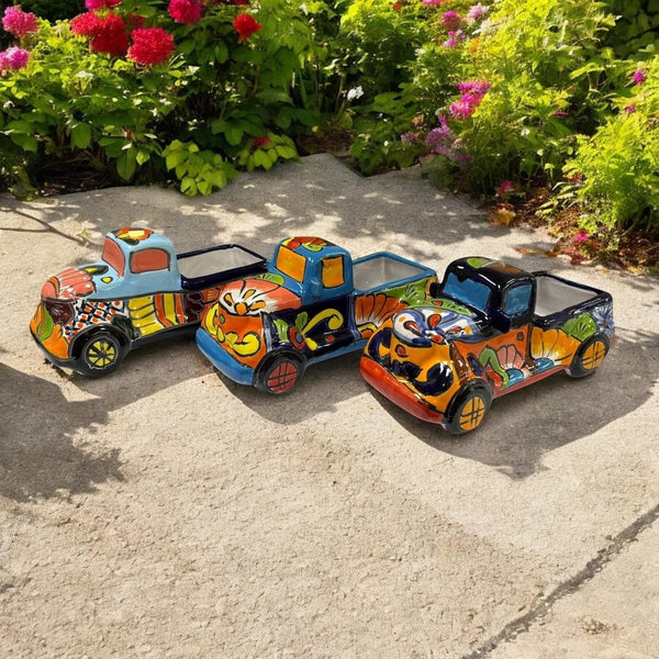 Rustic Hand Painted Mexican Talavera Truck Planter Pot – Assorted Colors (Varying Design)