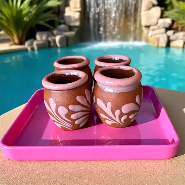 Hand Painted Mexican Brown Clay and Pink Rustic Shot Glass (Cielito Lindo Inspired) – Assorted Quantities