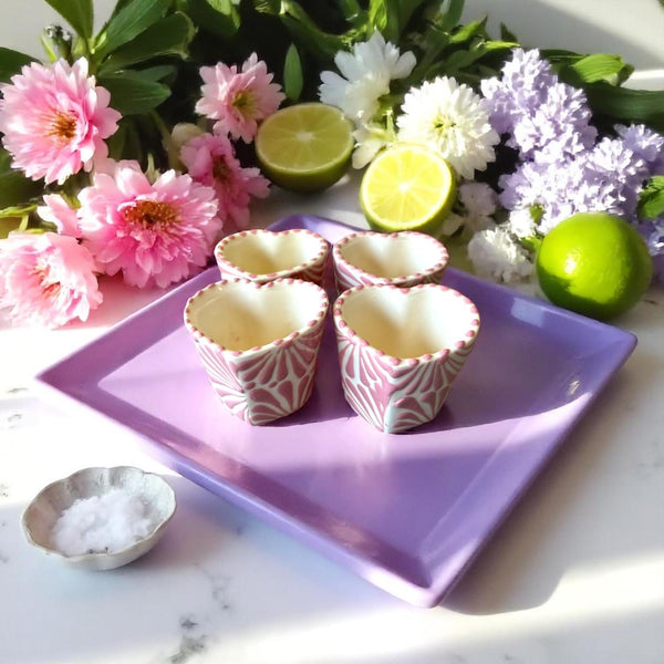 Hand Painted Talavera Ivory and Lilac Heart Shot Glass “Tequilero” – Assorted Quantities