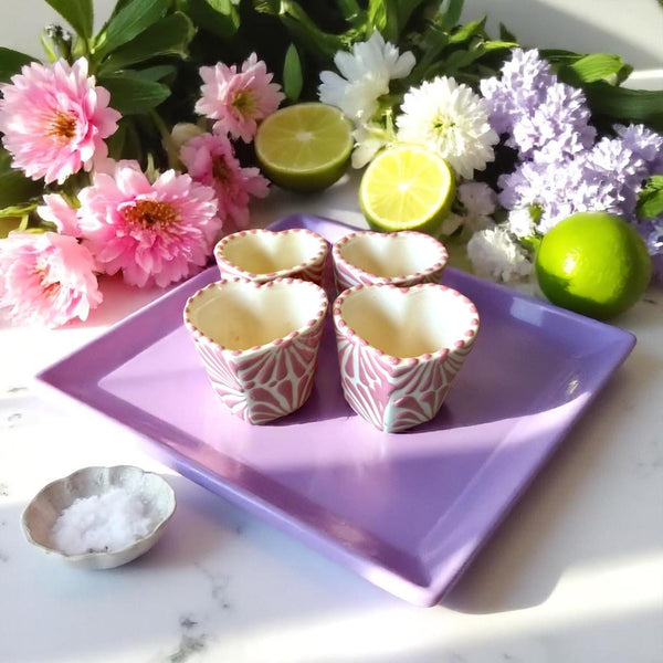 Hand Painted Talavera Ivory and Lilac Heart Shot Glass “Tequilero” – Assorted Quantities