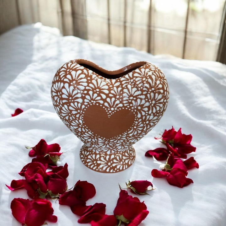 Hand Painted Talavera Brown and White Heart Vase (Cielito Lindo Inspired)
