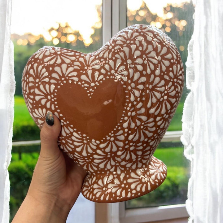 Hand Painted Talavera Brown and White Heart Vase (Cielito Lindo Inspired)