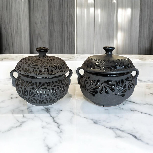 Hand Painted Black Clay Tureen Soup Serving Bowl with Lid “Sopera” – Assorted Designs (Cielito Lindo Inspired)
