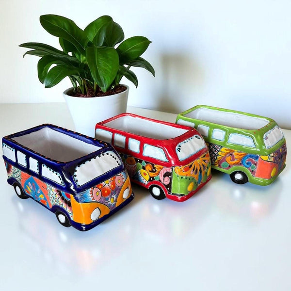 Handpainted Folk Art Mexican Talavera Vintage Bus Planter – Assorted Colors (Varying Design)
