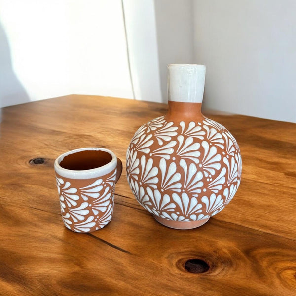 Hand Painted Brown Clay and White Mexican Water Jug with Mug Cup “Botellon Con Vaso”