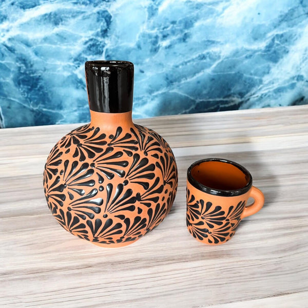 Hand Painted Brown Clay and Black Mexican Water Jug with Mug Cup “Botellon Con Vaso”