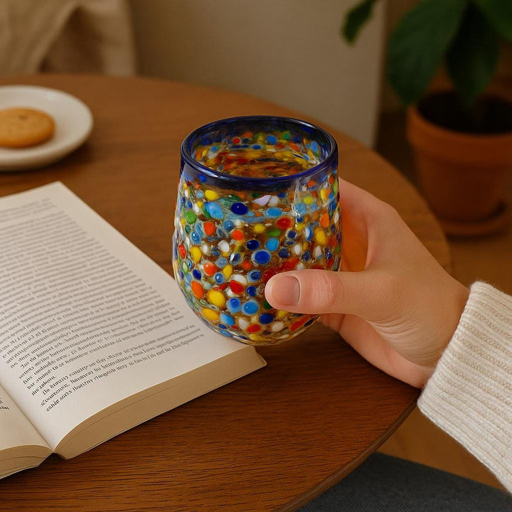 Hand Blown Mexican Colorful Pebble Blue Rim Wine Tumbler Glass “Vaso Vino de Piedritas” (Set of 2)