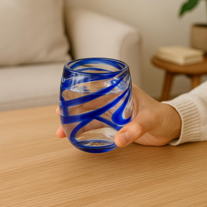 Hand Blown Mexican Blue Rim Blue Swirl Wine Tumbler Glass (Set of 2)