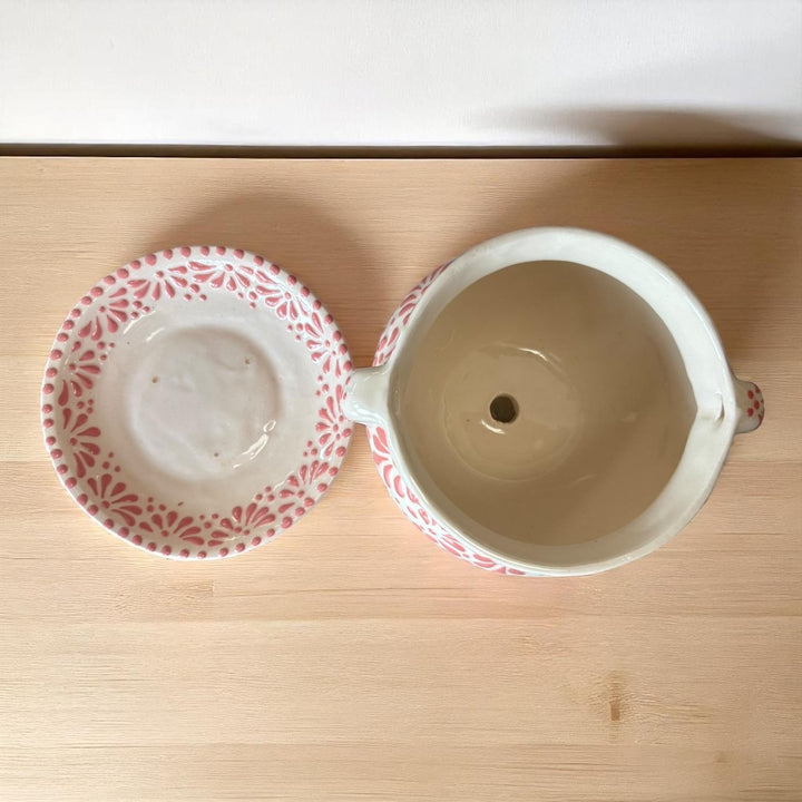 Dainty White and Pink Hand Painted Planter Pot with Handles & Saucer